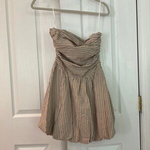 Princess Polly Quinette Strapless Dress in Tan and Navy. Size 4.